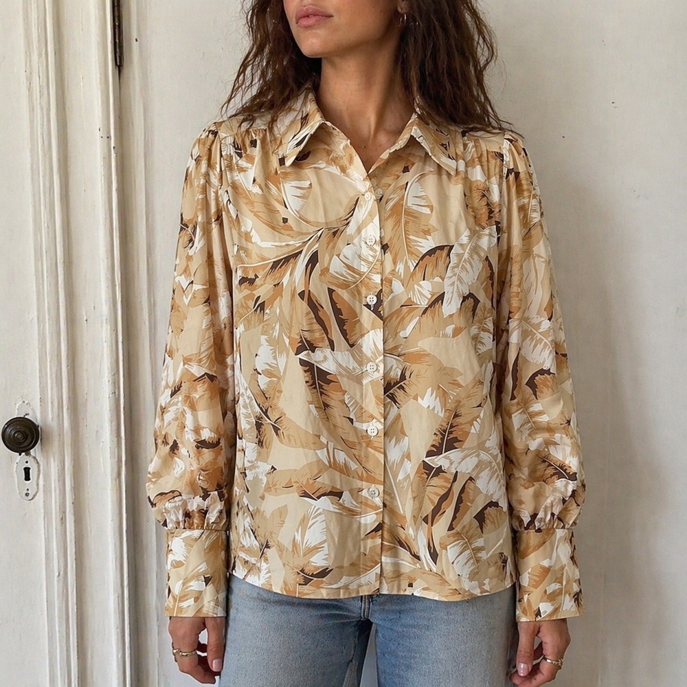 Kaimilan Tan Khaki Palm Print Puff Sleeve Button Up Shirt Size 4 Tropical Boho